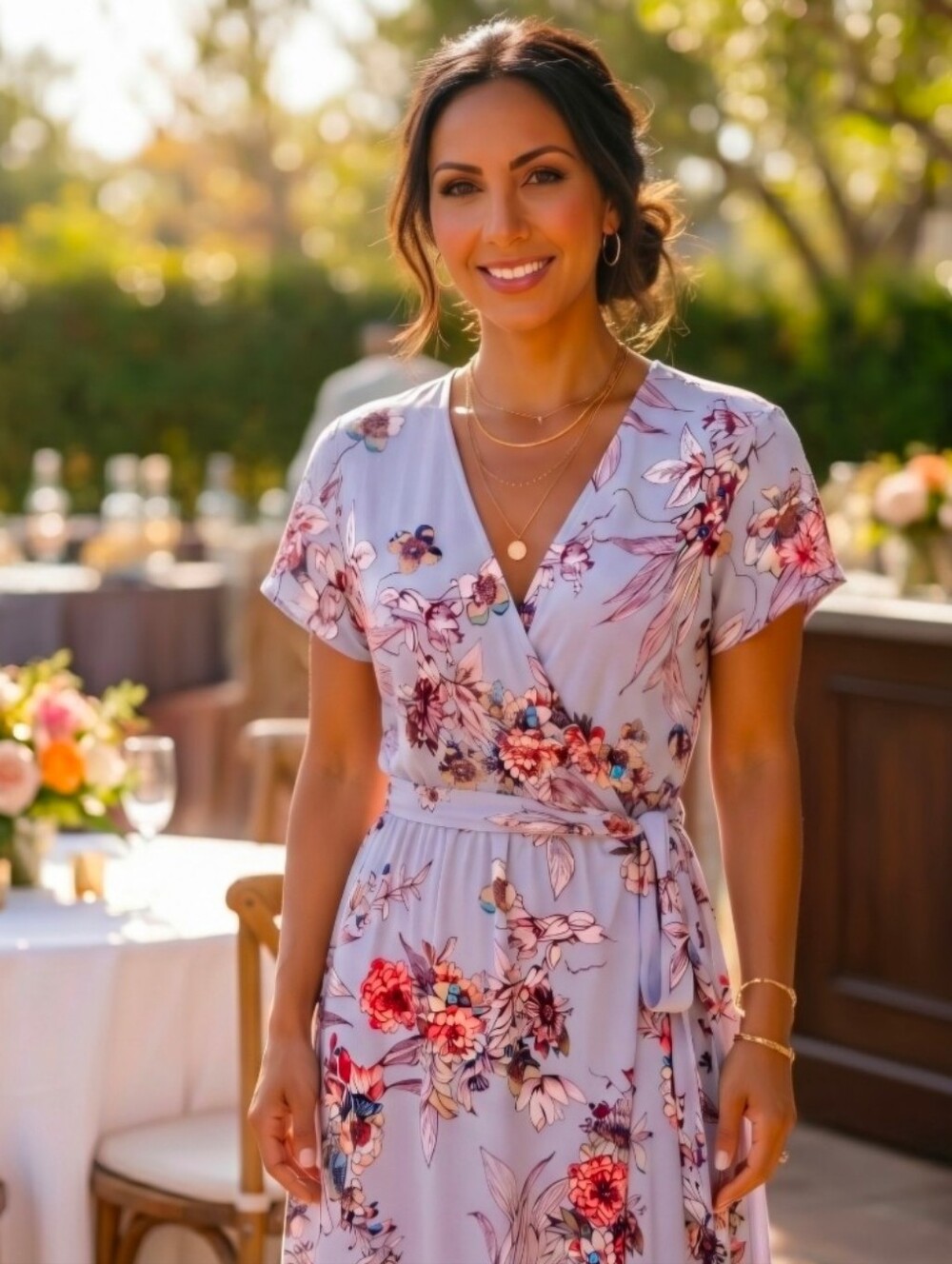 Floral Faux Wrap Midi Dress in Light Lilac